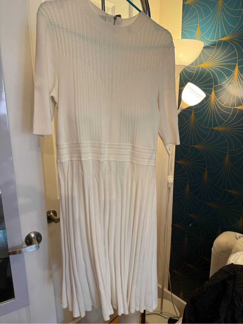 Ted Baker Cream Short-Sleeve Midi Dress with Pleated Skirt
